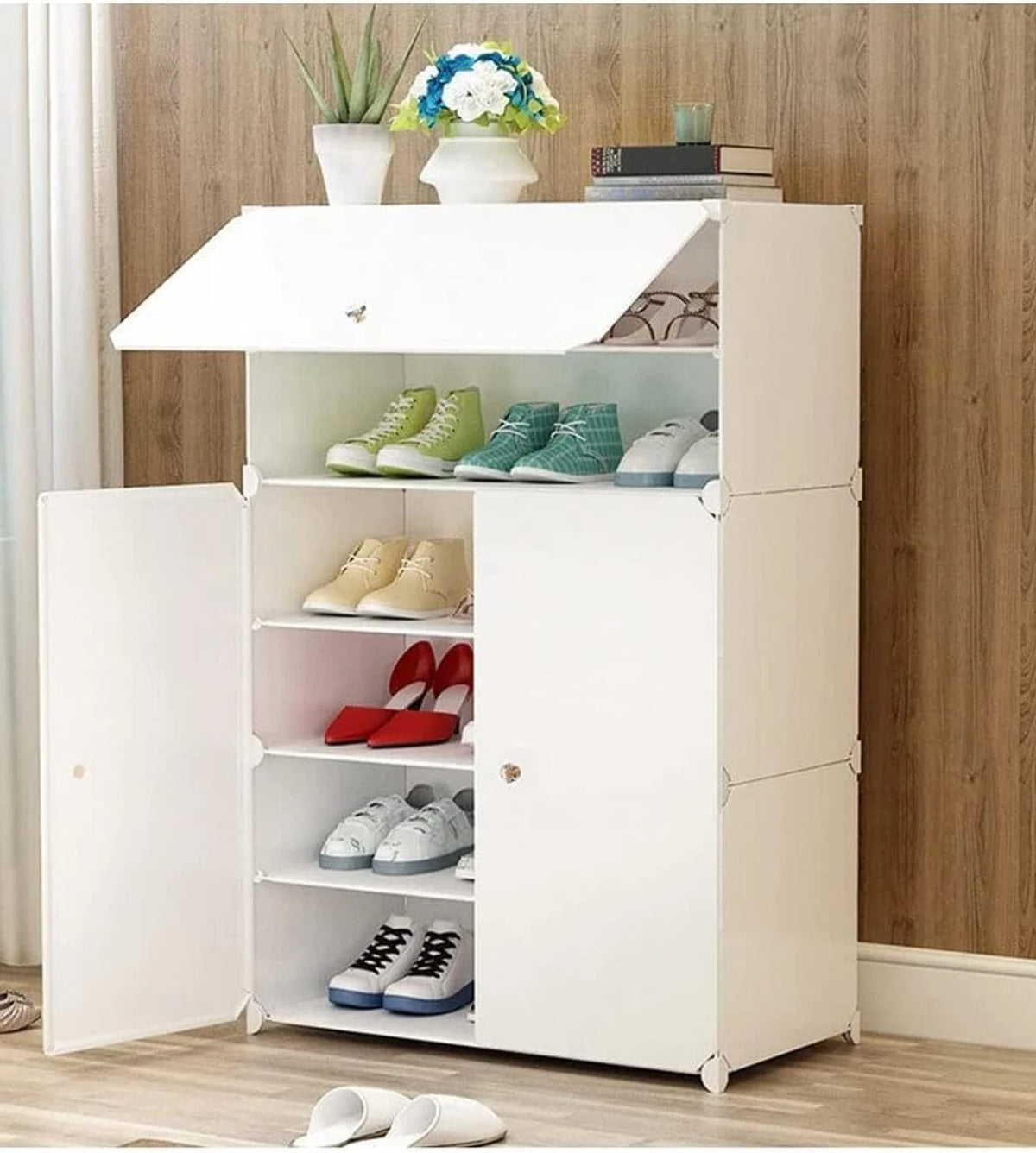 Premium 3-Door 6-Shelf Modular Plastic Shoe Storage Cabinet – White