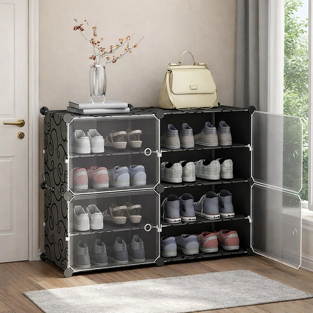 Premium 4-Door 8-Shelf Plastic Shoe Storage Cabinet | Dustproof Modular Shoe Rack | Black