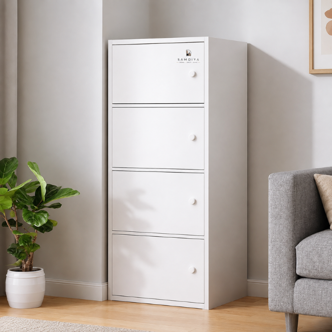 Premium Nordic White 4-Layer Wooden Storage Cabinet with Doors