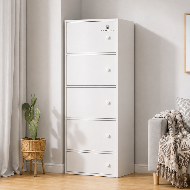 Premium Nordic White 5-Layer Wooden Storage Cabinet with Doors