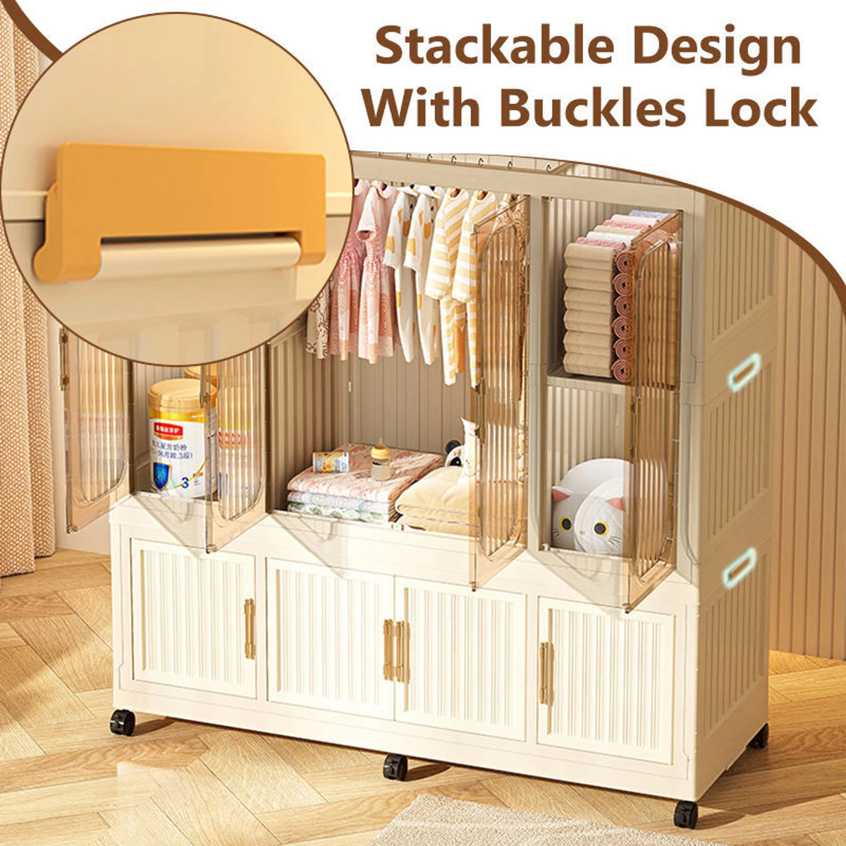 Premium 4-Shelf 3-Door Modular Plastic Wardrobe – Beige