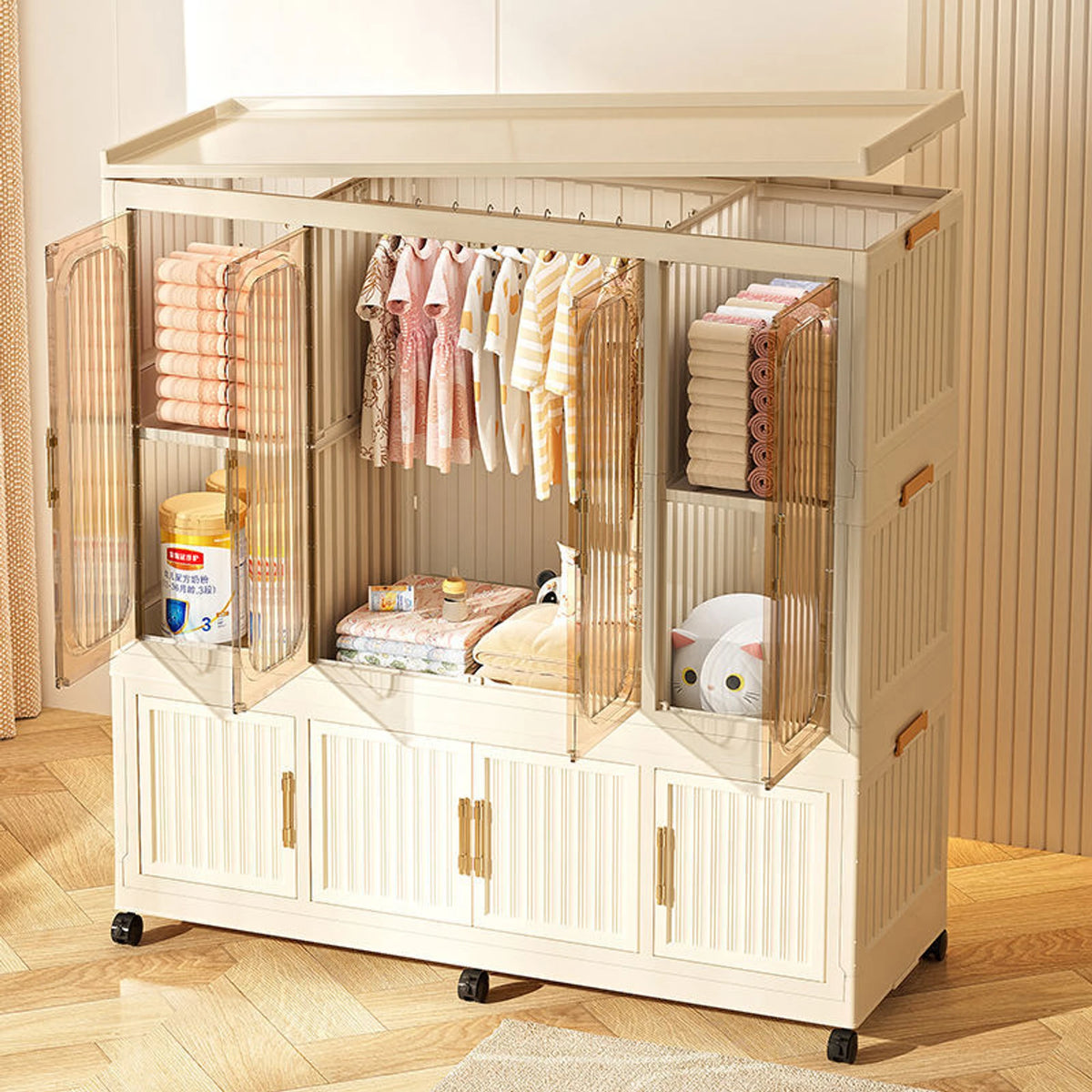 Premium 4-Shelf 3-Door Modular Plastic Wardrobe – Beige