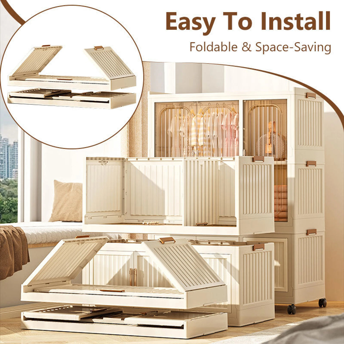 Premium 4-Shelf 3-Door Modular Plastic Wardrobe – Beige