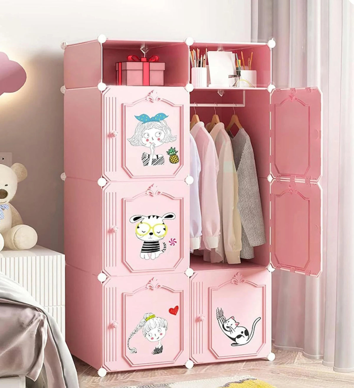 Premium 6-Door 8-Shelf Kids Emoji Cube Modular Plastic Wardrobe – Pink