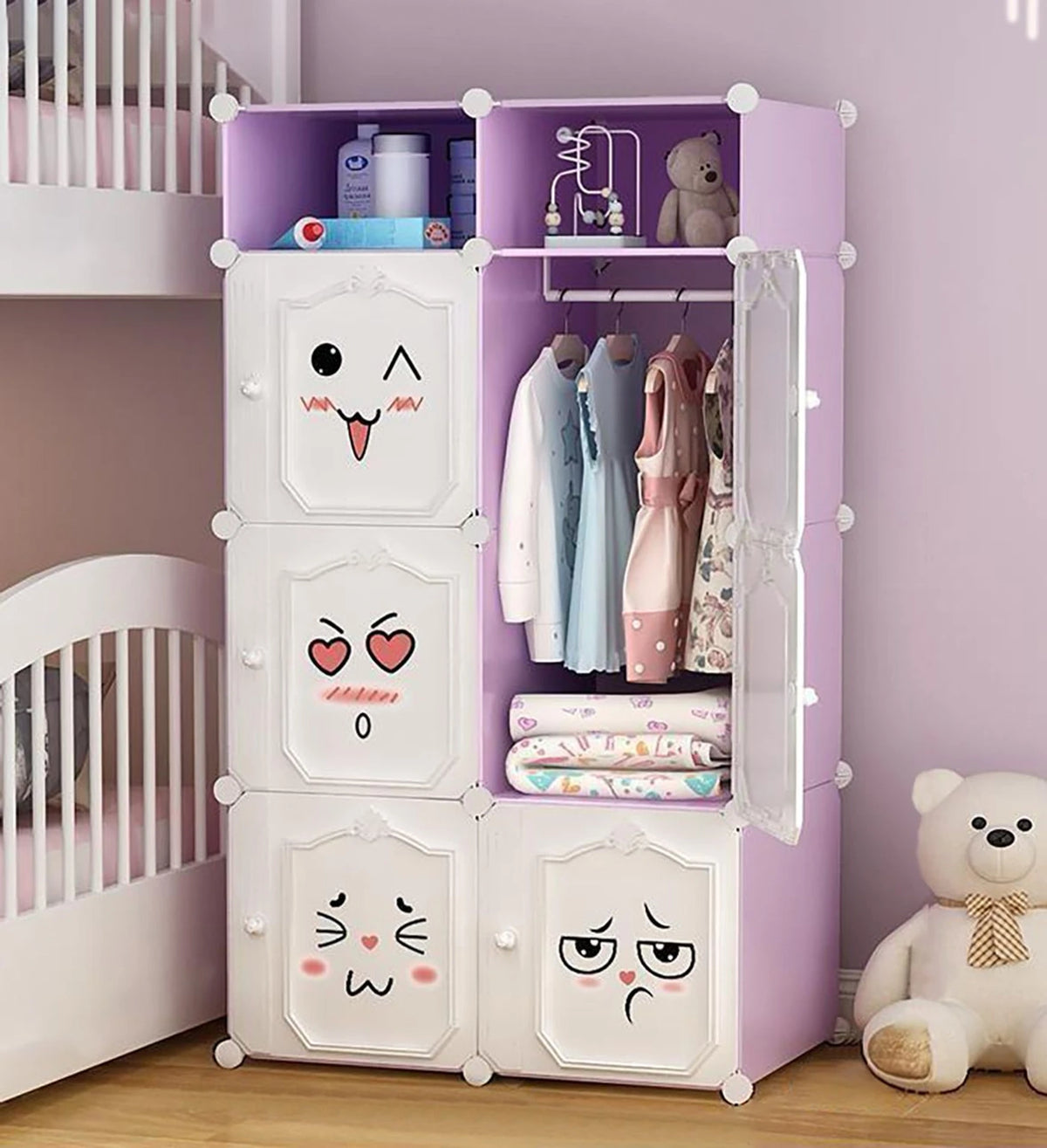 Premium 6-Door 8-Shelf Kids Emoji Cube Modular Plastic Wardrobe – Purple