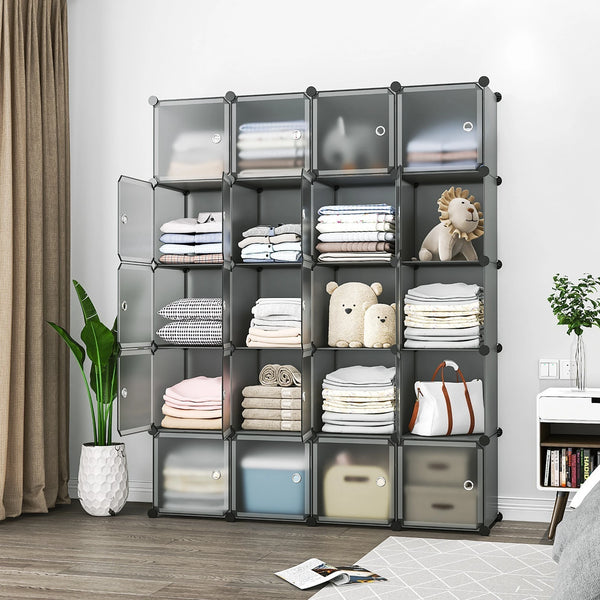 Premium 20-Door 20-Shelf Modular Plastic Wardrobe Cabinet – Black