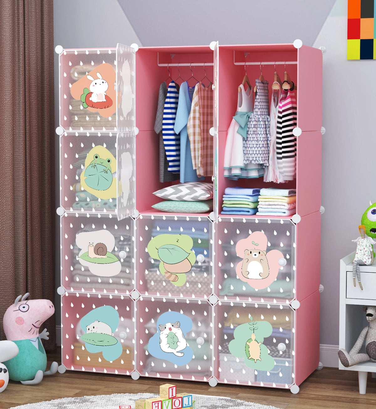 Premium 12-Door 12-Shelf Kids Cartoon Modular Plastic Wardrobe Cabinet – Pink