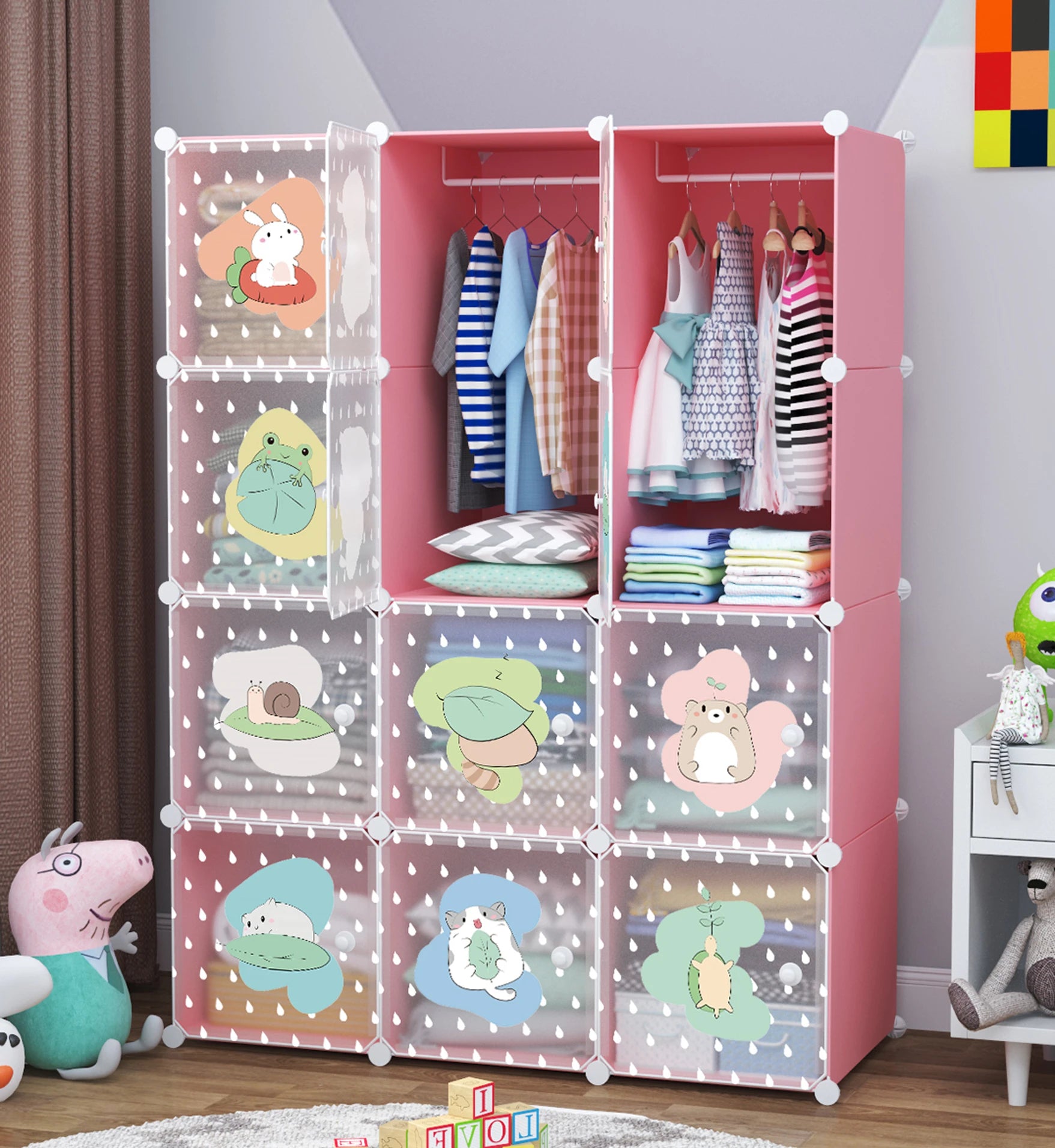 Premium 12-Door 12-Shelf Kids Cartoon Modular Plastic Wardrobe Cabinet – Pink