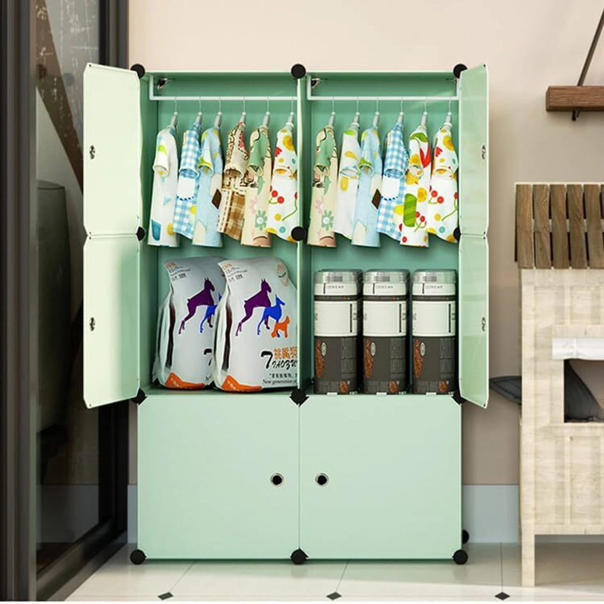 Premium 6-Door 8-Shelf Kids Modular Plastic Wardrobe Cabinet – Green
