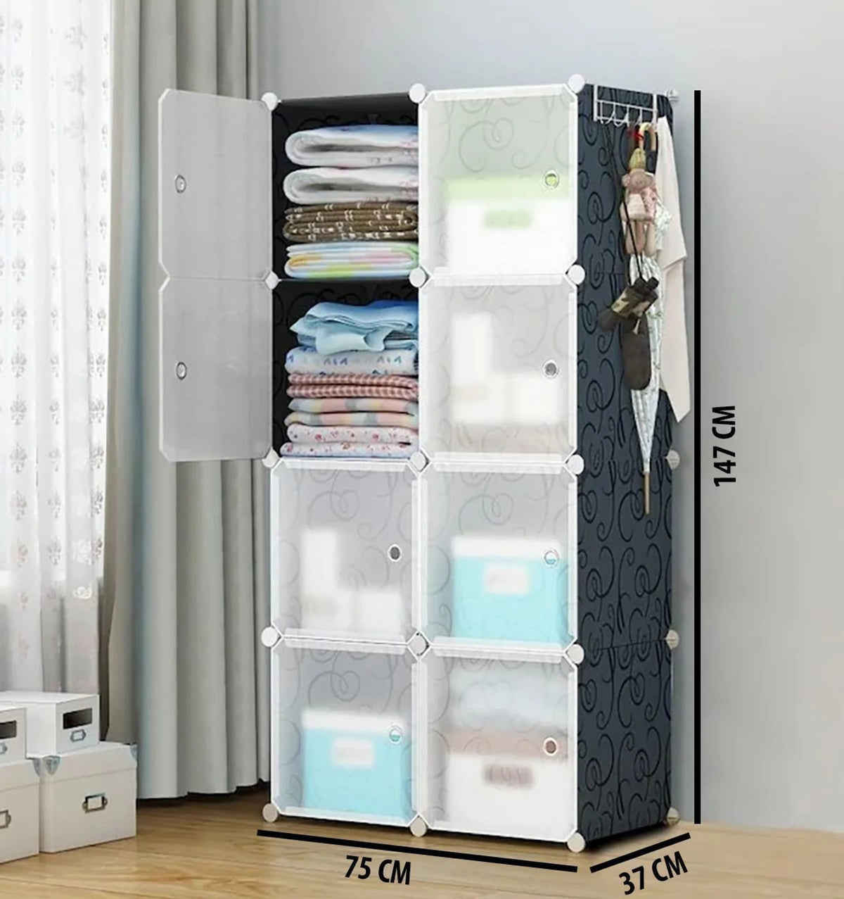 Premium 8-Door 8-Shelf Modular Plastic Wardrobe Cabinet – Black