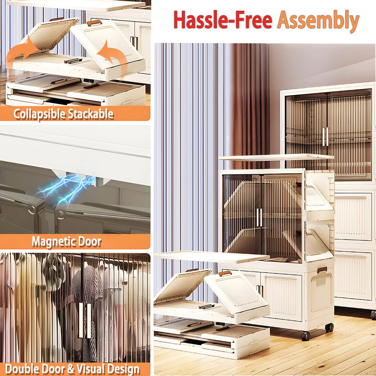 Premium 4-Door 2-Shelf Modular Plastic Wardrobe with Hanging Section – Transparent White