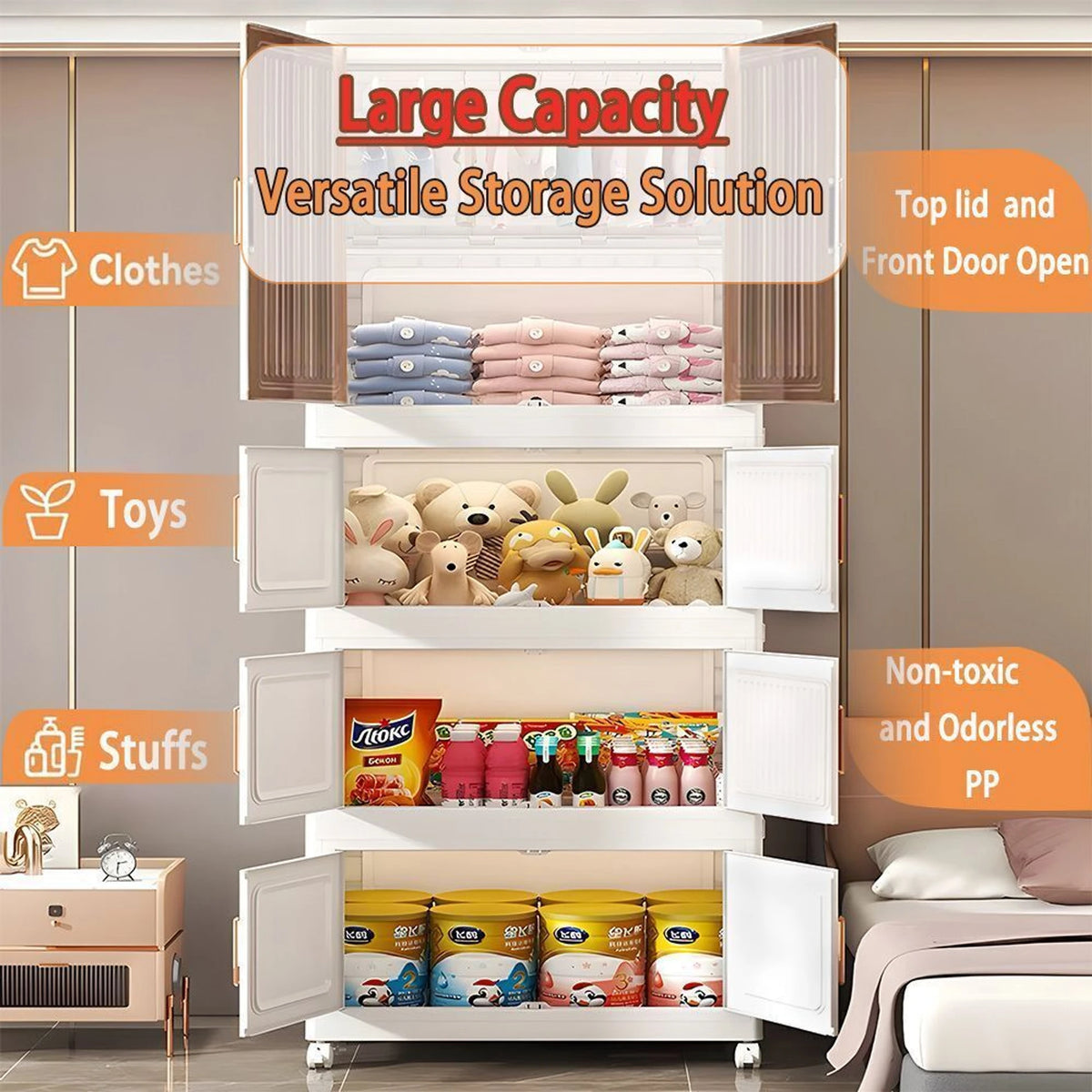 Premium 4-Door 4-Shelf Modular Plastic Wardrobe with Hanging Section – White
