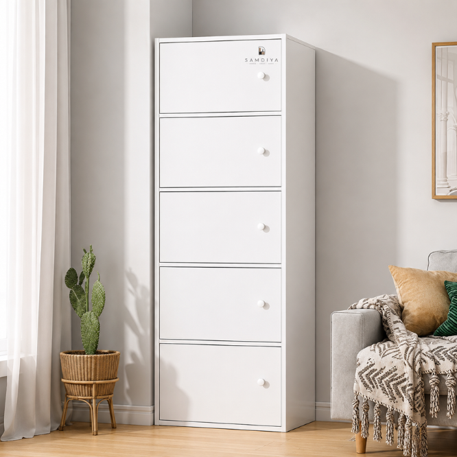Premium Nordic White 6-Layer Wooden Storage Cabinet with Doors