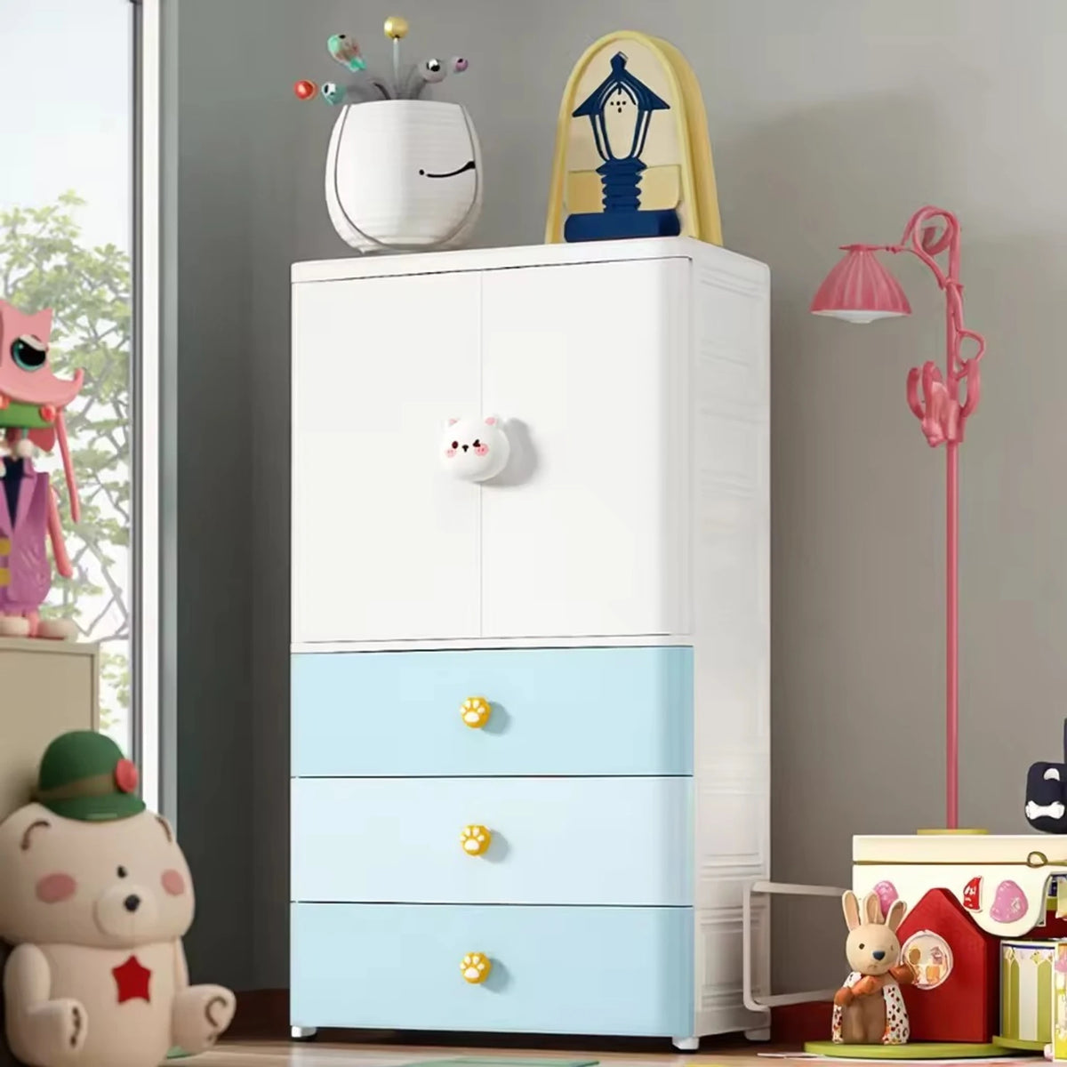 Premium 1+3 Door Kids Plastic Collapsible Wardrobe with Drawers – Blue Bear