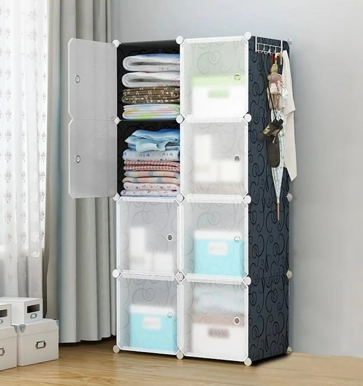 Premium 8-Door 8-Shelf Modular Plastic Wardrobe Cabinet – Black