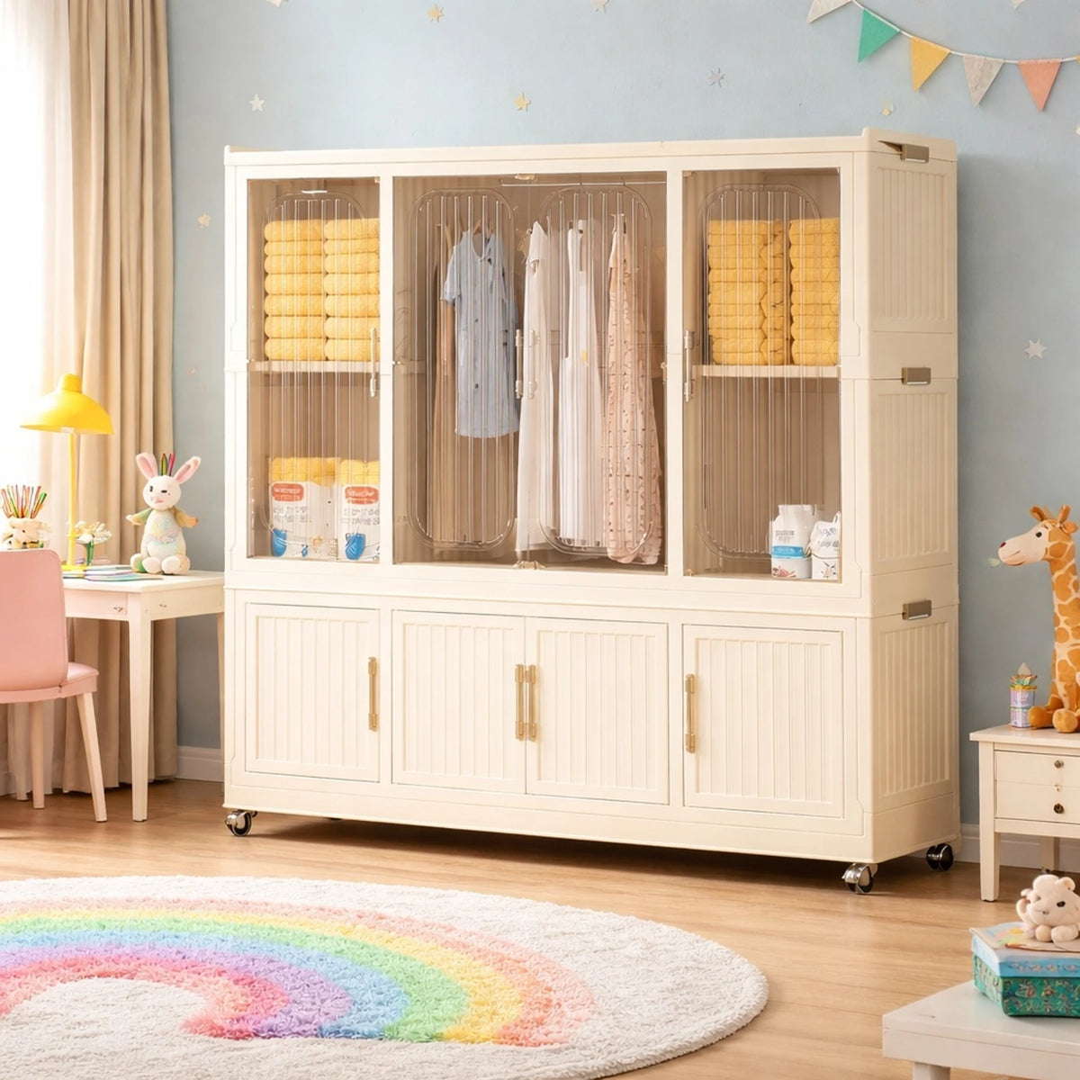 Premium 4-Shelf 3-Door Modular Plastic Wardrobe – Beige