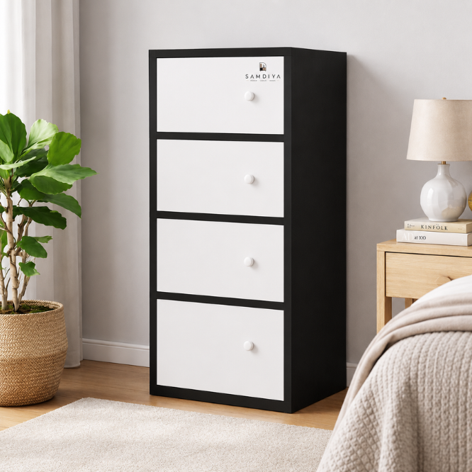 Premium Nordic Black & White 4-Layer Wooden Storage Cabinet with Doors
