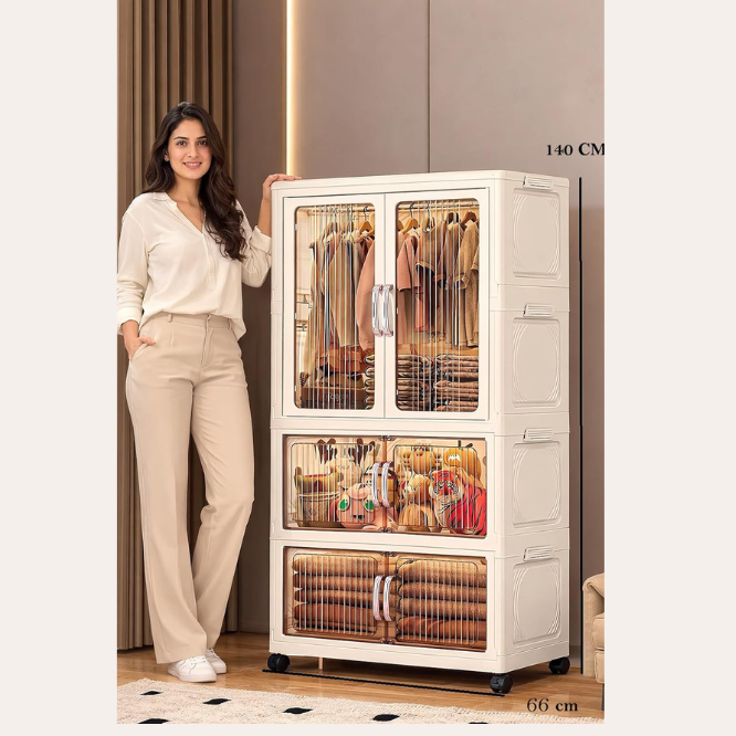 Premium 3-Layer Foldable Plastic Storage Wardrobe with Hangers – White