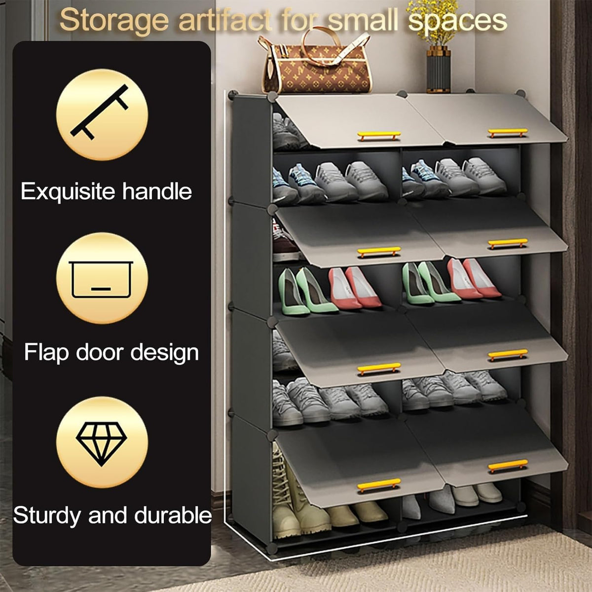 Premium 16-Shelf 8-Door Plastic Shoe Storage Cabinet – Grey