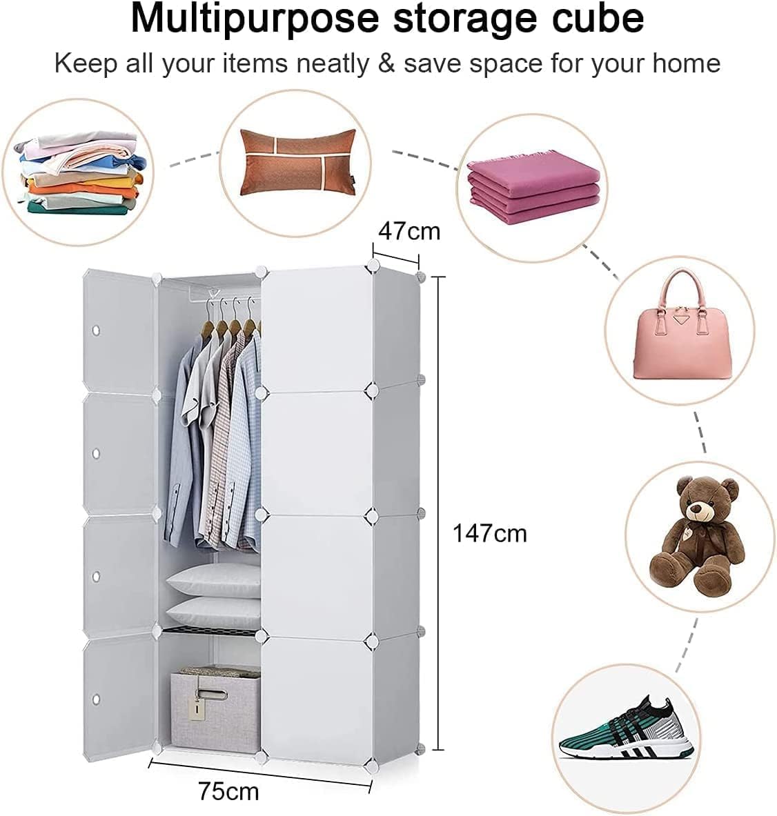 Premium 8-Door Modular Plastic Wardrobe with Hanging Section – White