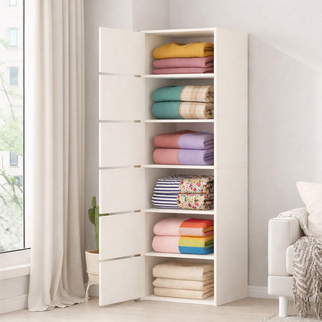 Premium Nordic White 6-Layer Wooden Storage Cabinet with Doors
