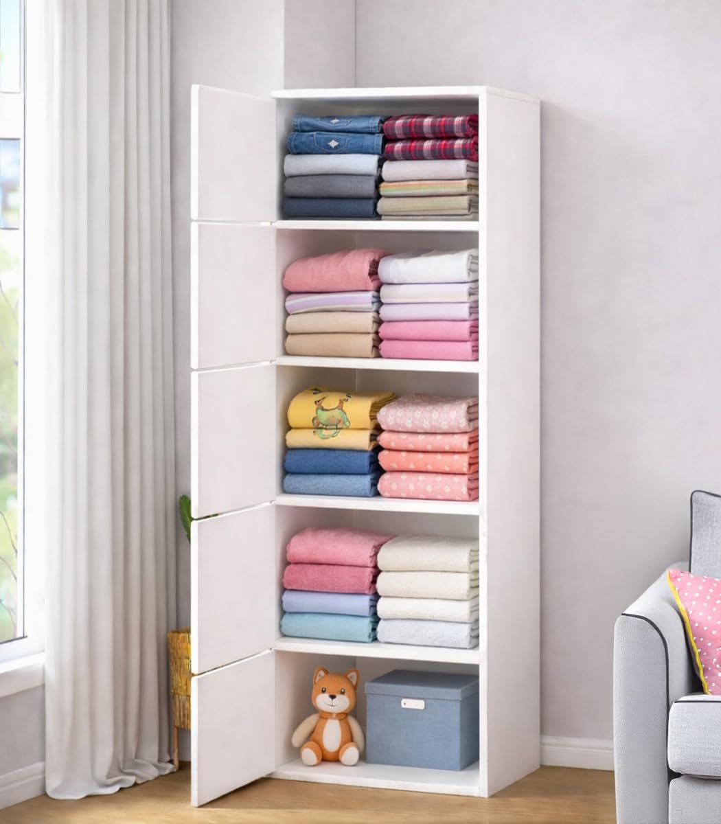 Premium Nordic White 5-Layer Wooden Storage Cabinet with Doors