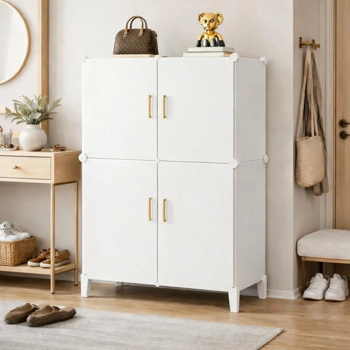 Premium 4-Door 12-Shelf Plastic Shoe Storage Cabinet | Dustproof Modular Shoe Rack | White