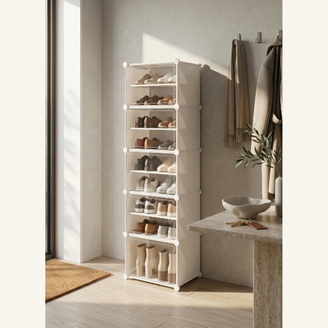 Premium 10-Layer Plastic Shoe Storage Cabinet with Doors & Side Hooks – White