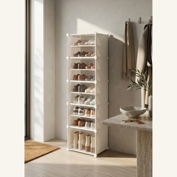 Premium 10-Layer Plastic Shoe Storage Cabinet with Doors & Side Hooks – White