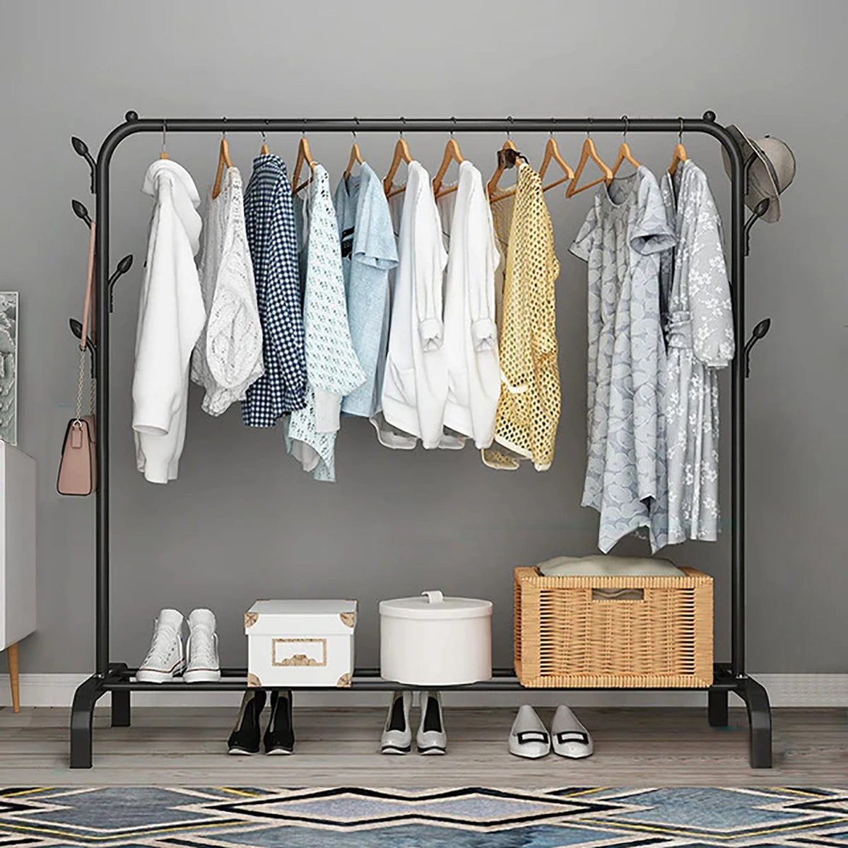 Premium 1-Door Open Clothes Hanger Stand with 2 Shelves – Black