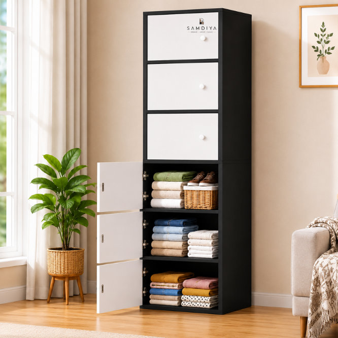 Premium Nordic Black & White 6-Layer Wooden Storage Cabinet with Doors