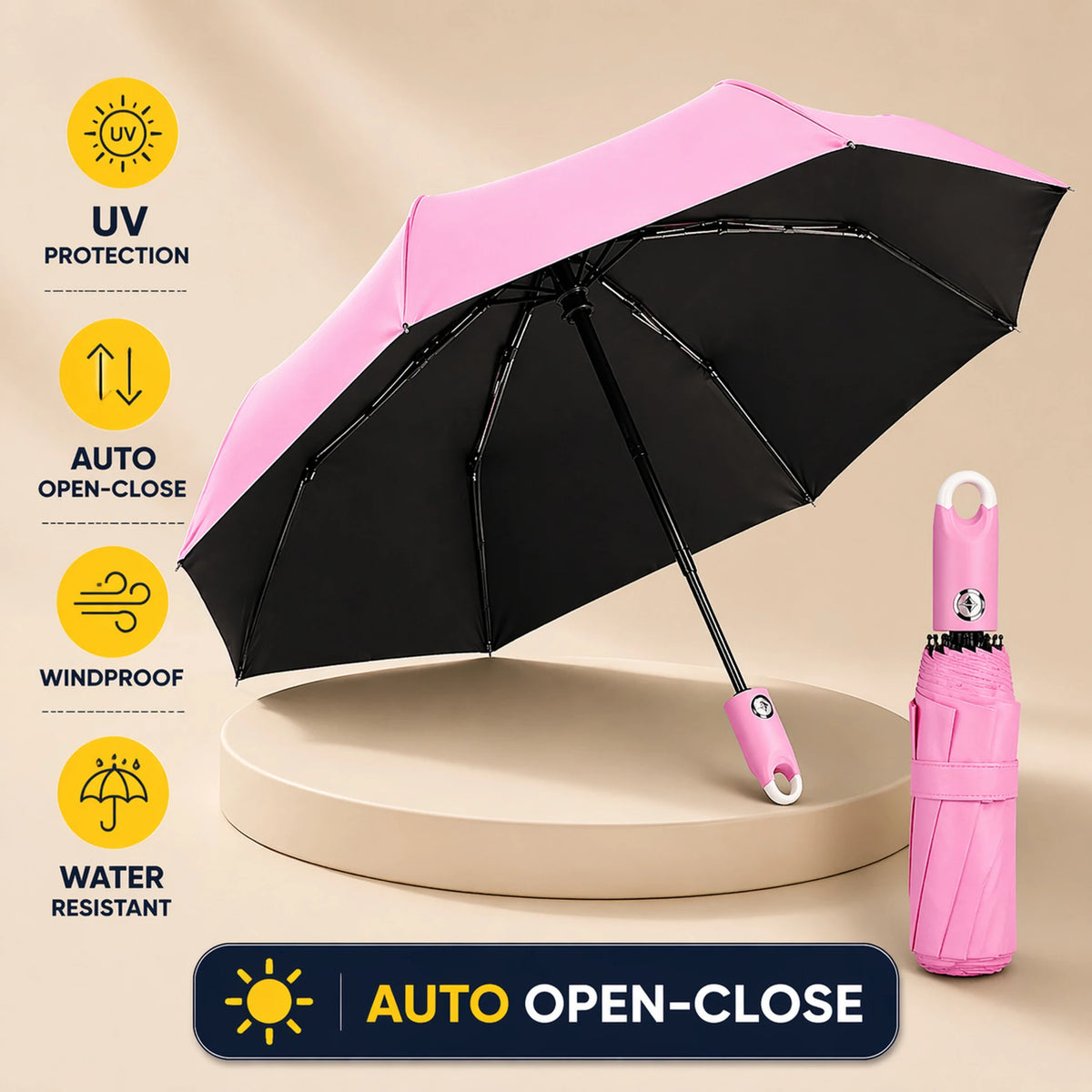 Premium Round Clip Folding Umbrella – Pink