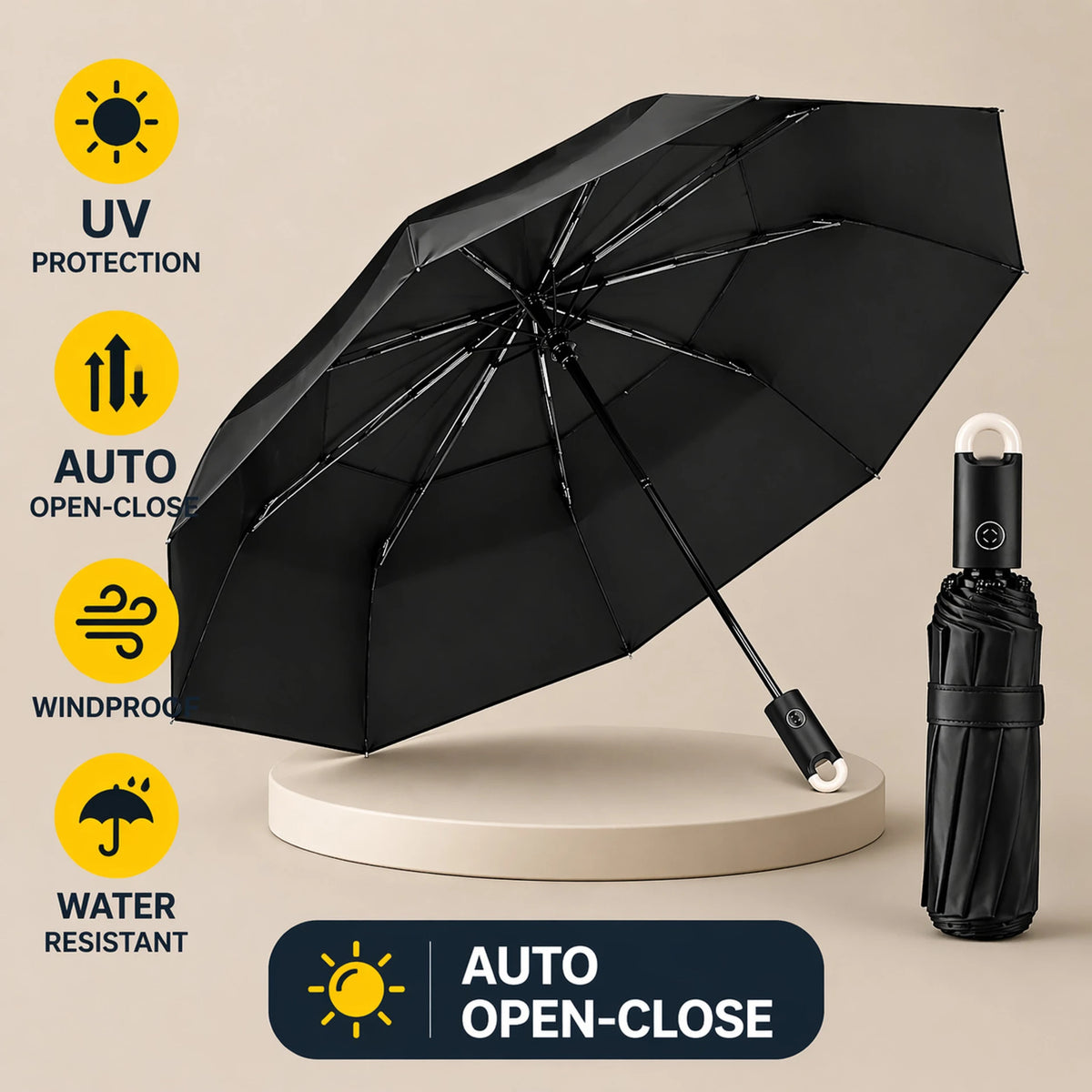 Premium Round Clip Folding Umbrella – Black