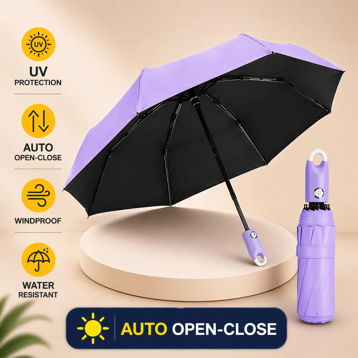 Premium Round Clip Folding Umbrella – Purple