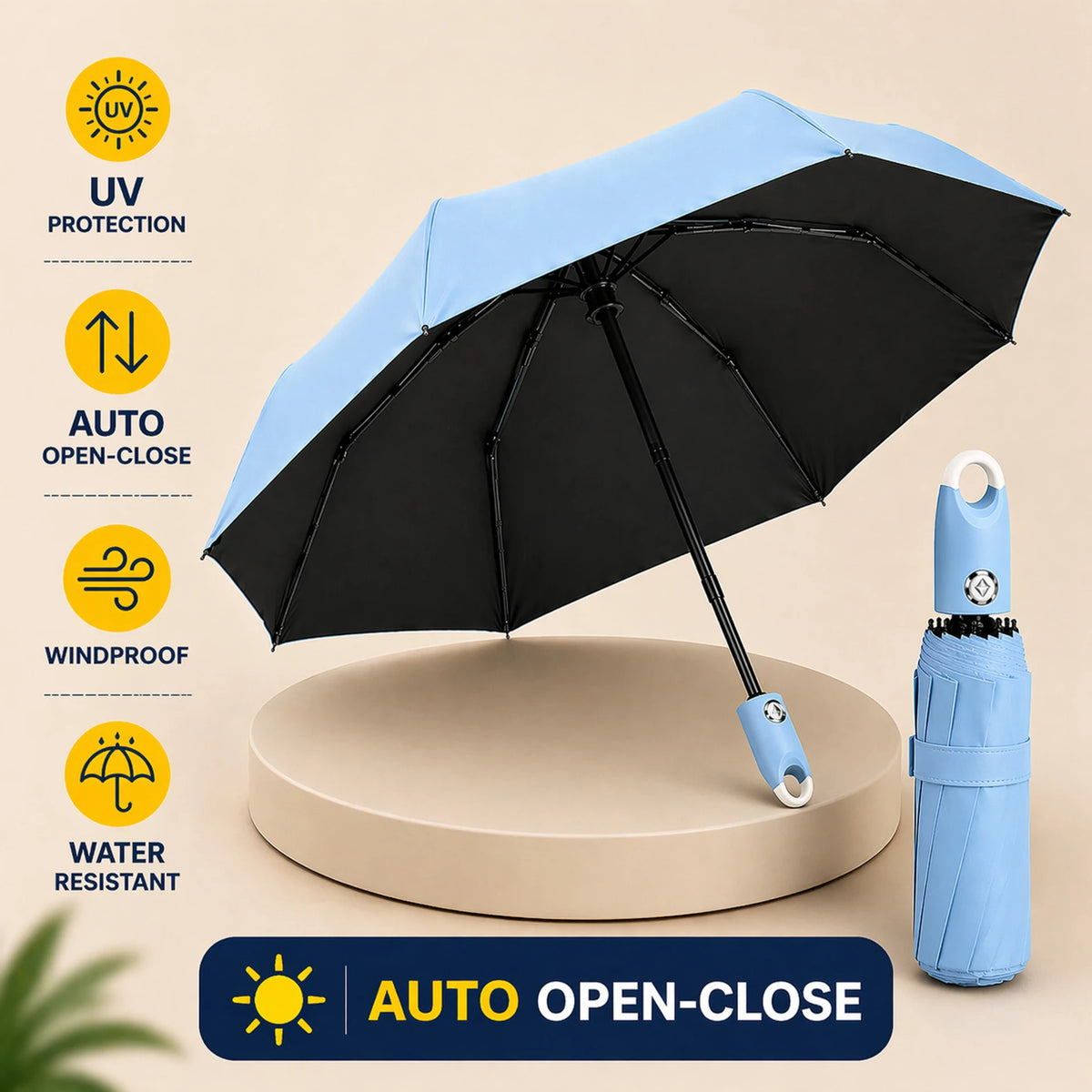 Premium Round Clip Folding Umbrella – Sky Blue