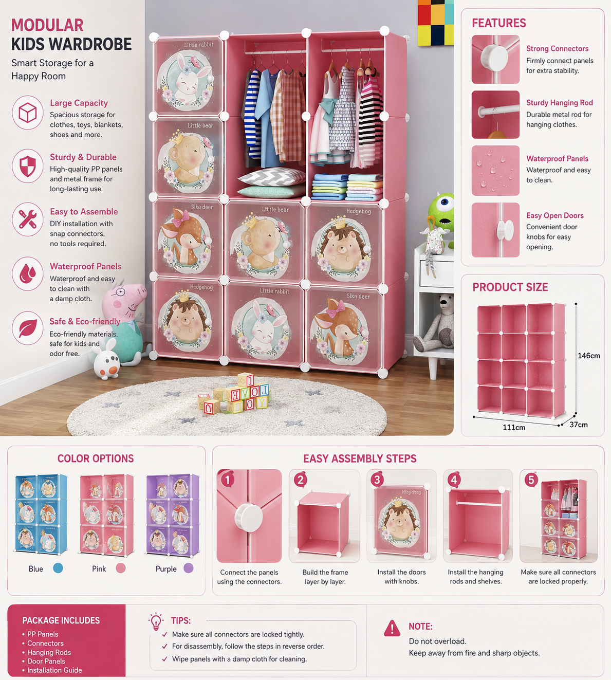 Premium 12-Door Princess-Print Kids Plastic Wardrobe – Pink