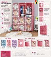 Premium 12-Door Princess-Print Kids Plastic Wardrobe – Pink