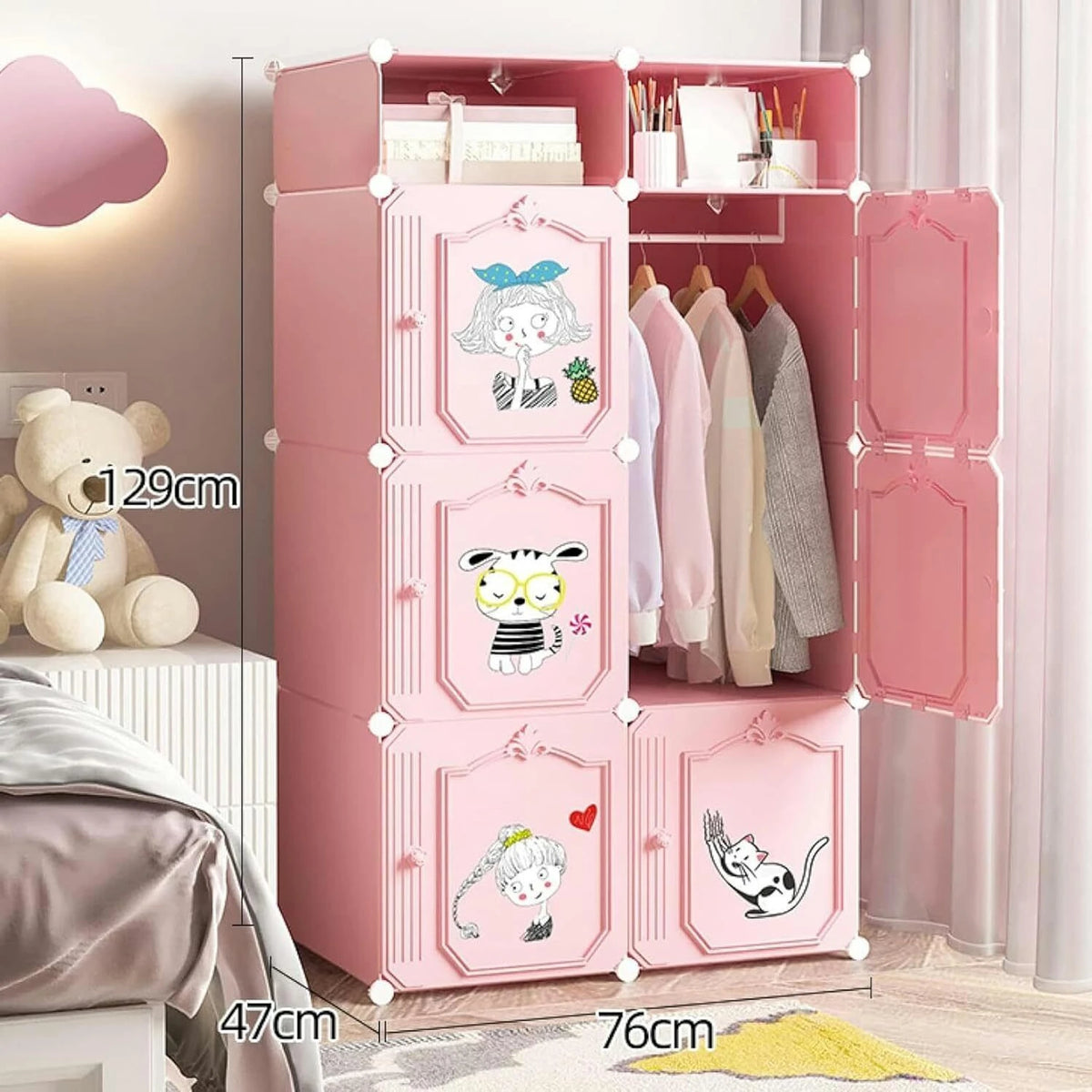 Premium 6-Door 8-Shelf Kids Emoji Cube Modular Plastic Wardrobe – Pink