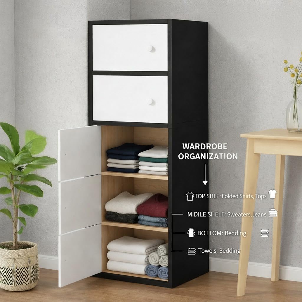 Premium Nordic Black & White 4-Layer Wooden Storage Cabinet with Doors
