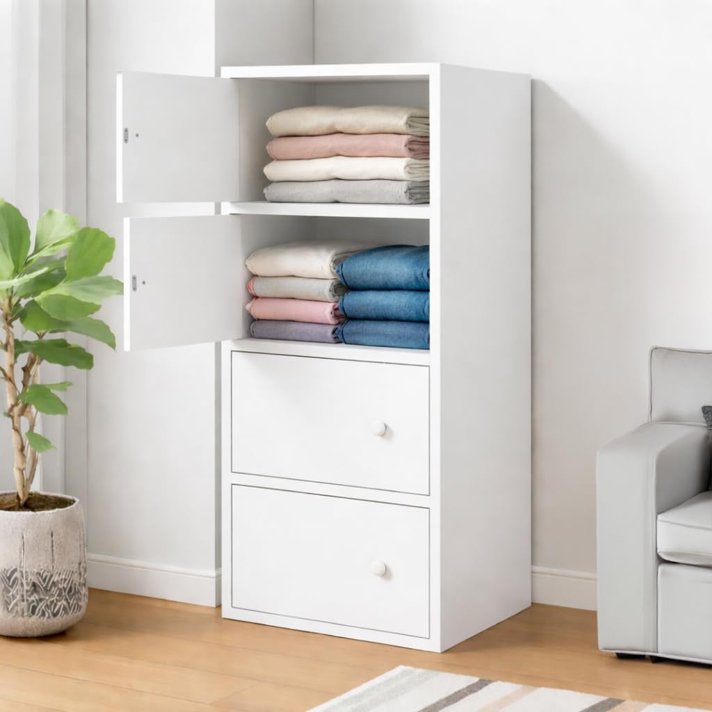 Premium Nordic White 4-Layer Wooden Storage Cabinet with Doors