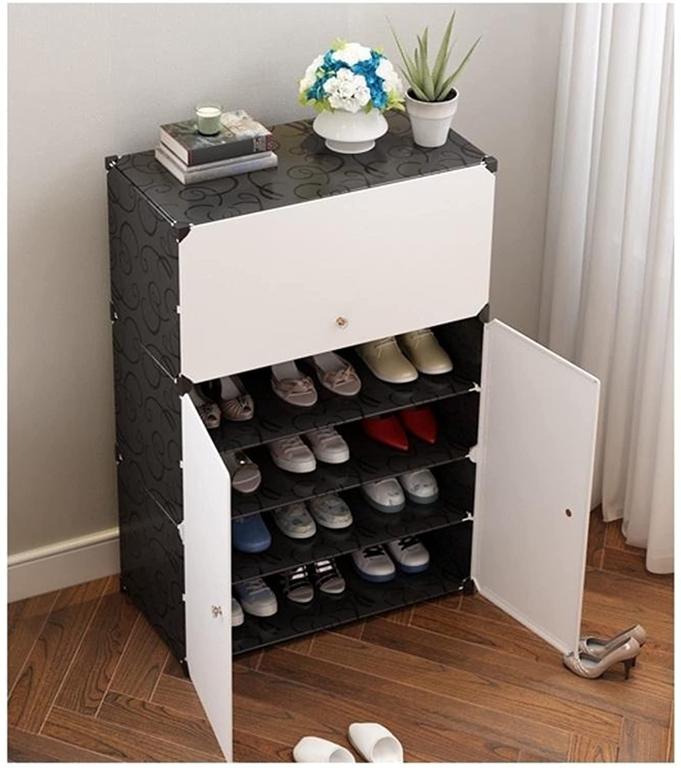 Premium 3-Door 6-Layer Plastic Shoe Storage Cabinet – Black & White