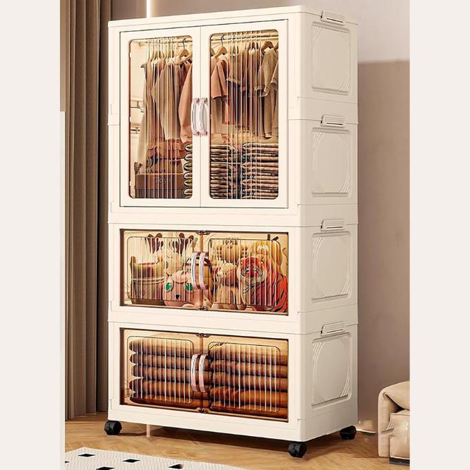Premium 3-Layer Foldable Plastic Storage Wardrobe with Hangers – White