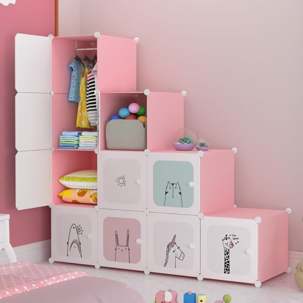 Premium 12-Door 12-Shelf Kids Minimalist Modular Plastic Wardrobe Cabinet – Pink