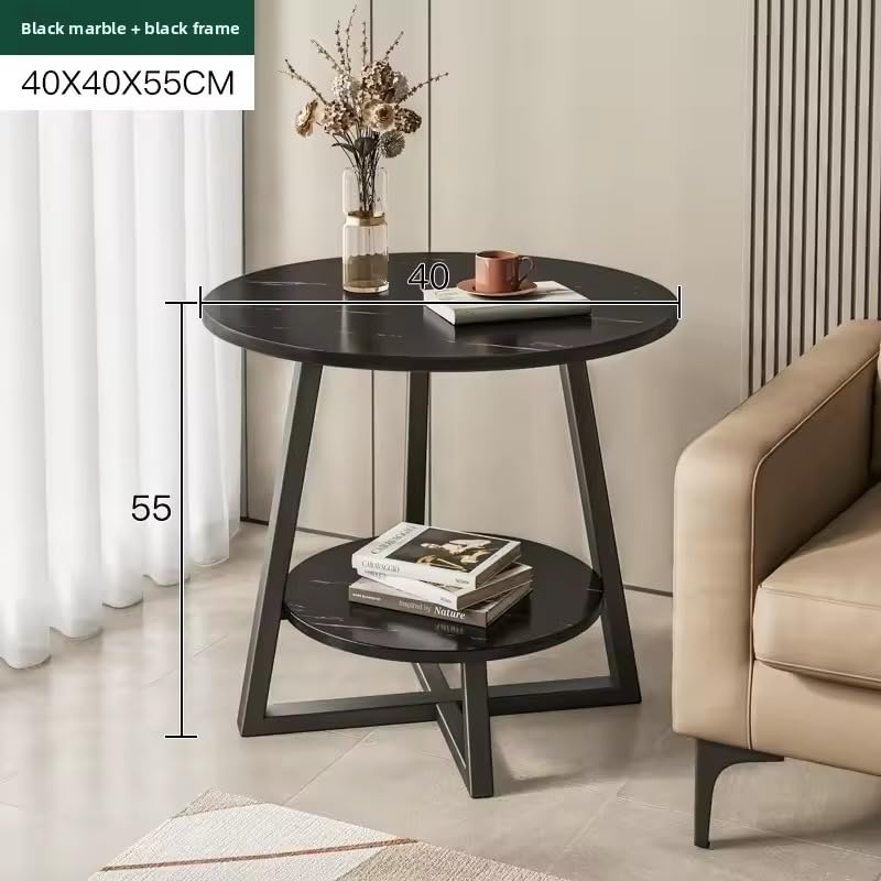 Premium Round Side Table with Metal Base – Black Marble