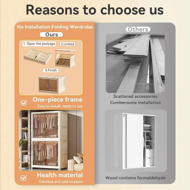 Premium 3-Layer Foldable Plastic Wardrobe with Hanging Rod & Wheels – Transparent White