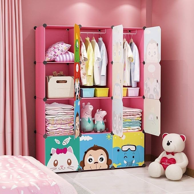 Premium 12-Door Panda-Print Kids Plastic Wardrobe – Pink