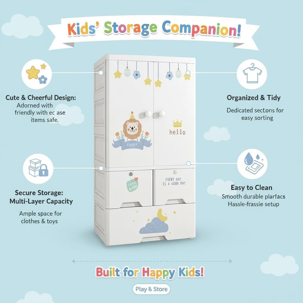 Premium 1-Door 3-Drawer Kids Plastic Wardrobe with Wheels – Lion Print