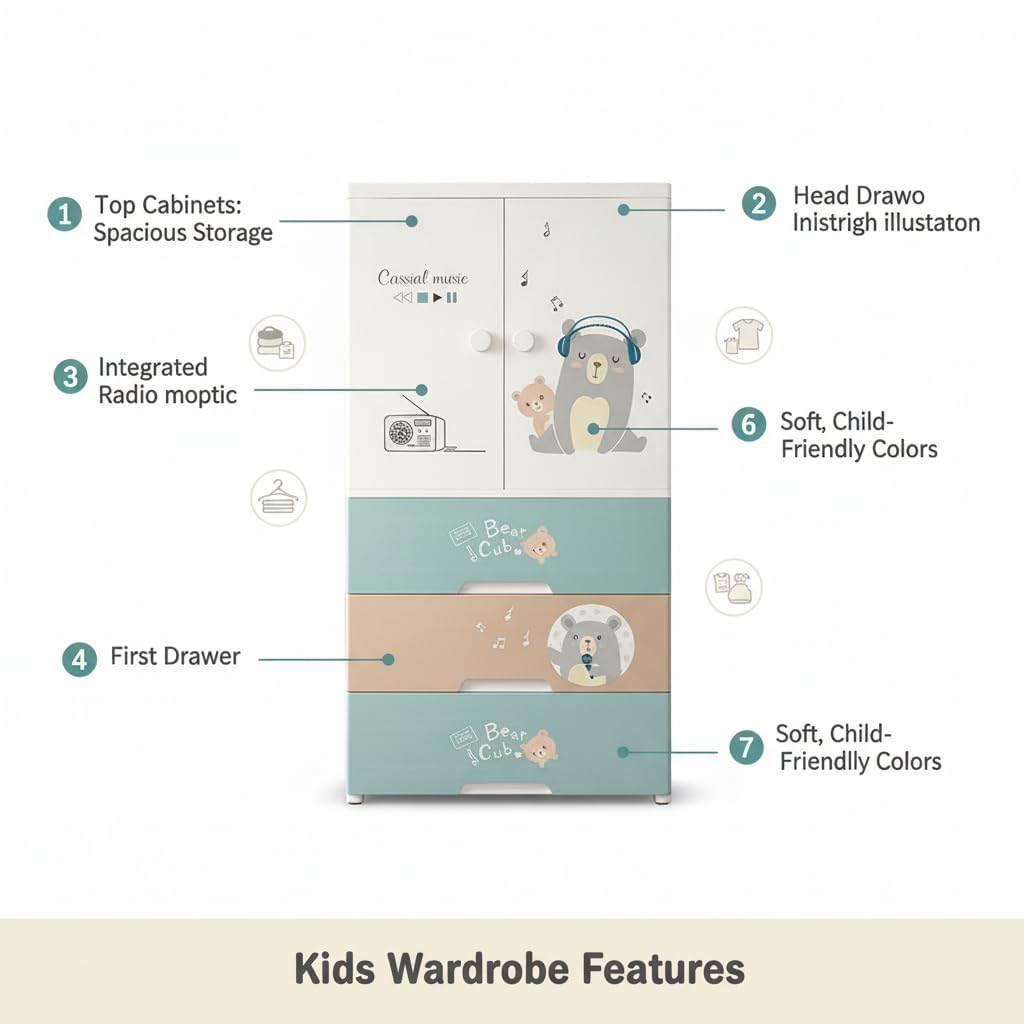 Premium Multi-Compartment Kids Plastic Wardrobe with Wheels – Funny Bear Print