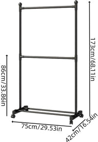 Premium Single Pole Cloth Rack with Bottom Shelves – Black