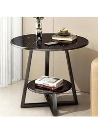 Premium Round Side Table with Metal Base – Black Marble